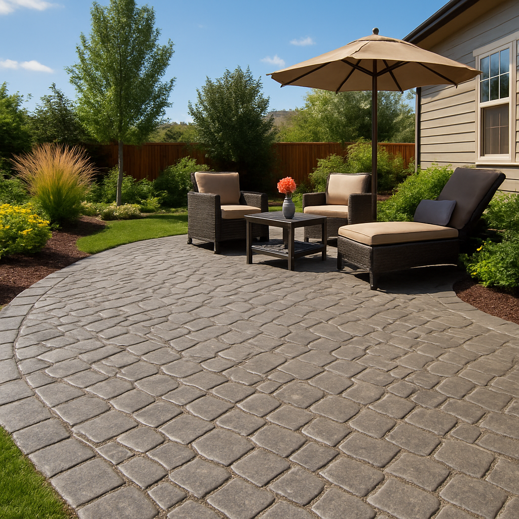 Backyard stamped concrete patio with a cobblestone pattern