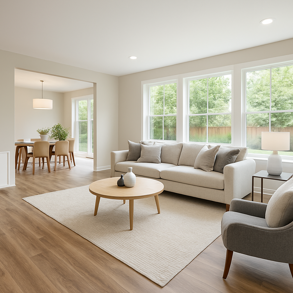 Open-concept living room with new luxury vinyl plank flooring