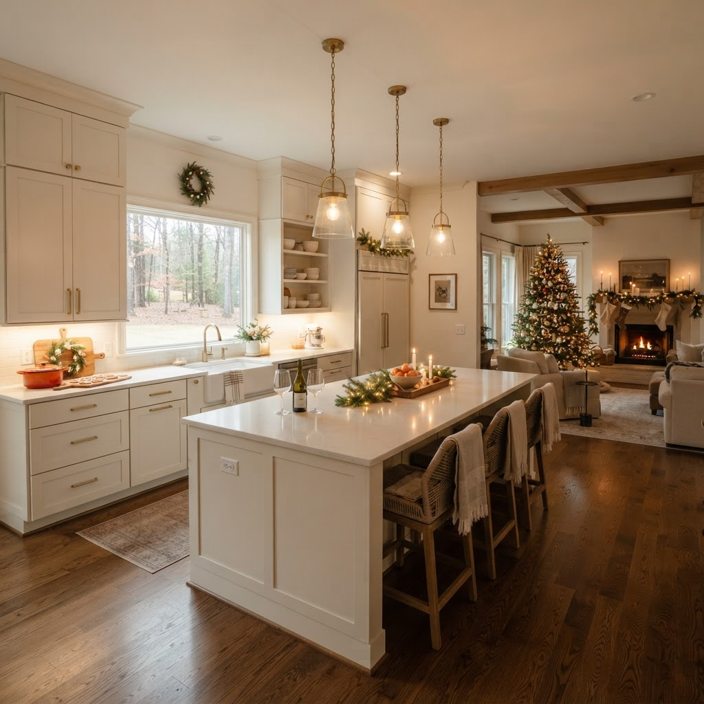 Warm, remodeled North Alabama kitchen decorated for the holidays with a large functional island, layered lighting, and open connection to the living area
