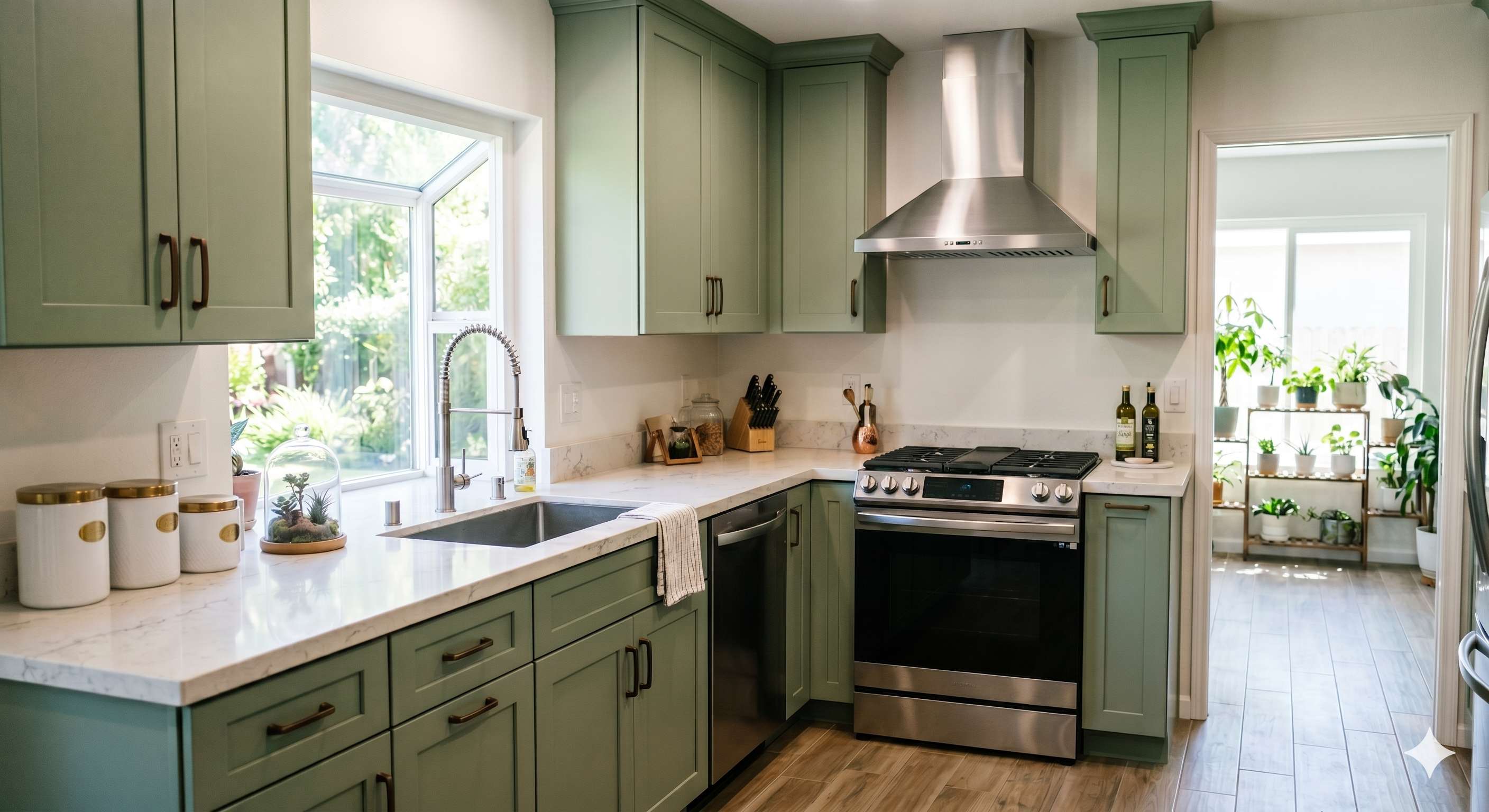 Remodeled kitchen with sage green shaker cabinets, white marble countertops, and stainless steel appliances